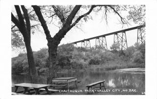 Valley City North Dakota Chatauqua Park Picnictables Bridge Rppc C1950