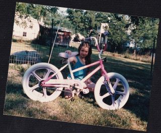 Old Vintage Photograph Adorable Little Girl With Gorgeous Pink Vintage Bicycle