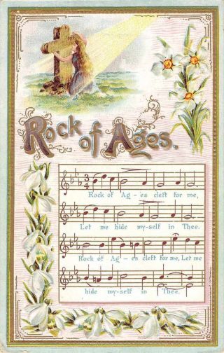 Religious Greetings Rock Of Ages Song Card Lilies Vintage Postcard Jf685750
