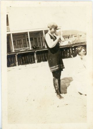 Antique Photo - Of A Girl Standing In The Sand With Her Swimsuit And Cap On