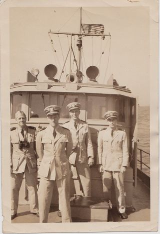 Vintage Antique Photograph Four Military Men In Uniform Standing On Boat / Ship