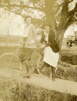 N224 Vtg Photo Two Women Riding Double,  Bicycle C Early 1900 
