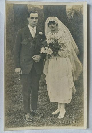 Vintage Old Photo Postcard People Wedding Dress Bride Groom Men Women Gloucester