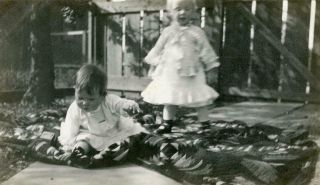 Aa54 Vtg Photo Children Playing On Quilt,  Wooden Blocks C Early 1900 