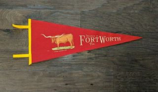 Vintage Felt Red Fort Worth Texas Tx Cowboy Steer Travel Souvenir Pennant