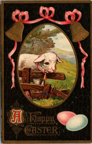 Easter Little Lamb In Egg Portal Pink Ribbon Bell Black Back Gold Embossed Mab