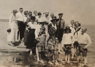 1920’s Family Outing At Lake Shore Kids Barefoot Flapper Era Snapshot Photo