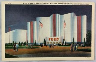 1936 Texas Centennial Postcard Dallas World Fair / Night Scene Ford Motor Car Co