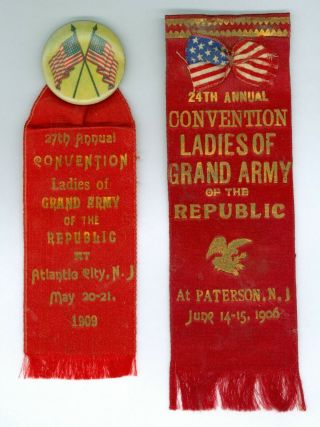 2 Vtg 1906 - 1909 Ladies Of Grand Army Of The Republic Pinback Ribbons Jersey