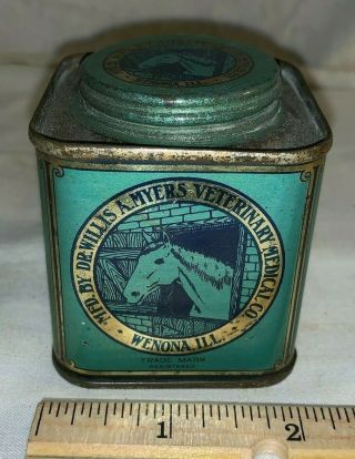 Antique Dr Willis Myers Veterinary Horse Medicine Vet Tin Litho Can Wenona Il