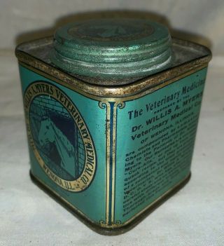 ANTIQUE DR WILLIS MYERS VETERINARY HORSE MEDICINE VET TIN LITHO CAN WENONA IL 3