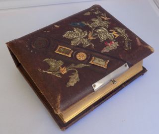 Antique Victorian Leather Photo Album Floral Leaf Design Gold Gilt 1800 
