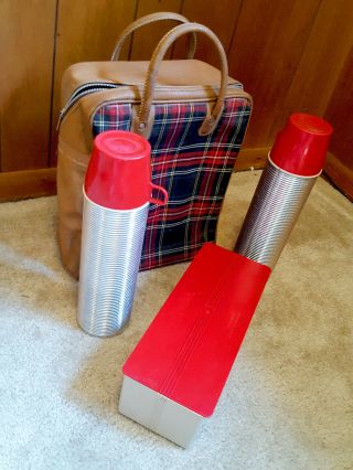 Vintage Thermos Plaid Picnic Bag 4 - Piece Zipper Leather And Canvas