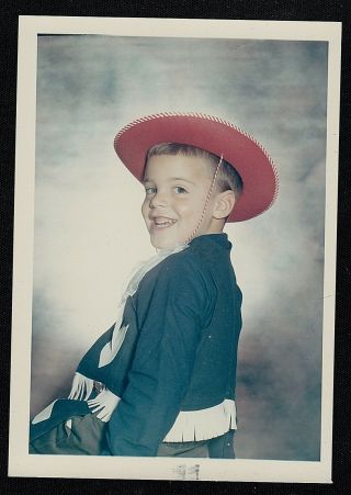 Vintage Photograph Adorable Little Boy Wearing Cowboy Outfit & Hat