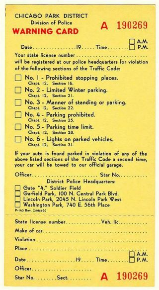 Vintage Chicago Park District Division Of Police Warning Card,  Ticket