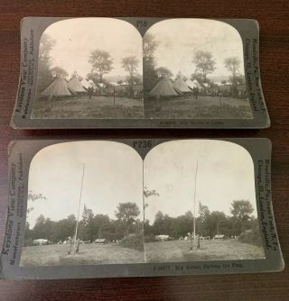 2 Stereoview Cards Of Boy Scouts In Camp & Raising The Flag