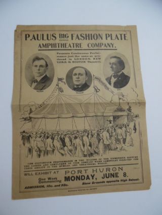 C.  1905 Paulus Big Fashion Plate Amphitheater Co.  Vaudeville Show Herald Antique
