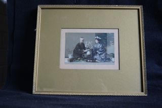 Antique Hand Colored Photo Tea Ceremony - - Couple In Traditional Japanese Dress