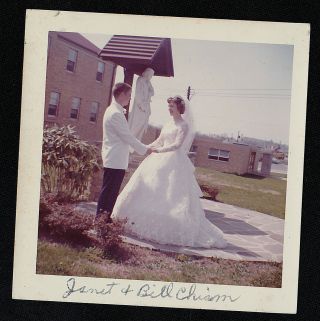 Antique Vintage Photograph Wedding Bride & Groom Standing Outside By Church