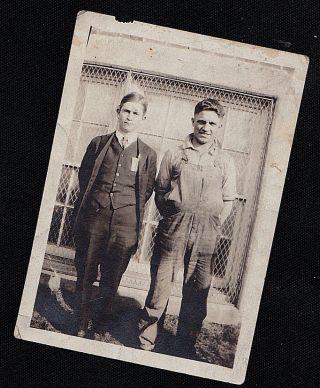 Antique Vintage Photograph Man In Suit Standing With Man In Overalls