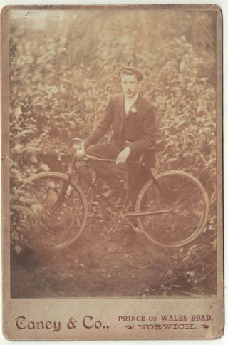 Cabinet Card Of A Man And Bicycle By Caney & Co Prince Of Wales Rd Norwich 1890s