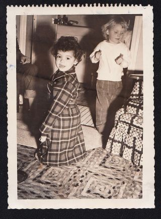 Old Vintage Antique Photograph Two Adorable Children In Retro Living Room 1954