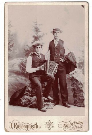 Antique 1880 Cabinet Card Photo 2 Young Men Pose With Accordian Squeeze Box