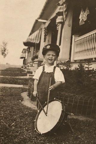 1920’s Photo Young Lad Boy Playing Snare Drums Wearing Dads Fireman Hat Snapshot