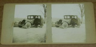 Vintage Home Made Stereoview Man Woman & Dog Next To An Vintage Car