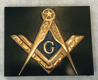 Masonic Plaque Emblem Symbol Mounted On Black Stone Felt Back 4.  25” W X 3.  5” T