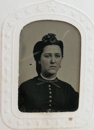 Tintype Photo Of A Lovely Young Woman Wearing A Hair Ornament & Pretty Dress