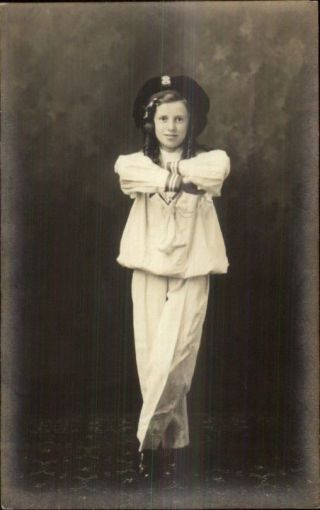 Girl In Sailor Suit & Hat Curled Locks Of Hair C1910 Real Photo Postcard