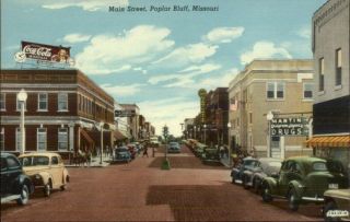 Poplar Bluff Mo Main St.  Coca Cola Sign Old Cars Postcard