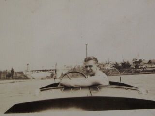 YOUNG MAN LOOKING BACK FROM FRONT SEAT OF A CHRIS CRAFT BOAT Vtg 1930 ' s PHOTO 2