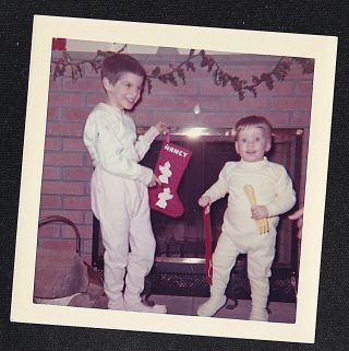 Vintage Photograph Two Children In Pajamas By Fireplace With Christmas Stocking