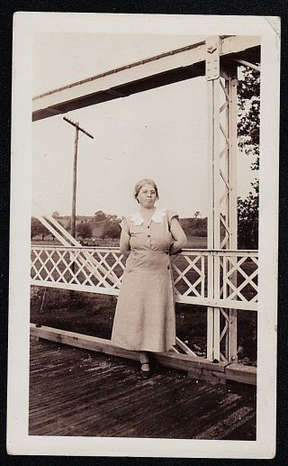 Antique Vintage Photograph Older Woman Standing On Bridge
