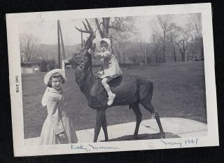 Vintage Antique Photograph Of A Little Girl W/ Baby Sitting On Deer Statue