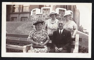 Vintage Antique Photograph Man Sitting On Bench W/ Three Women In Cool Hats