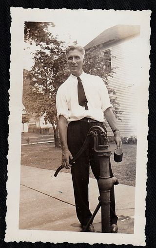 Antique Vintage Photograph Man Standing By Old Time Water Pump With Cup