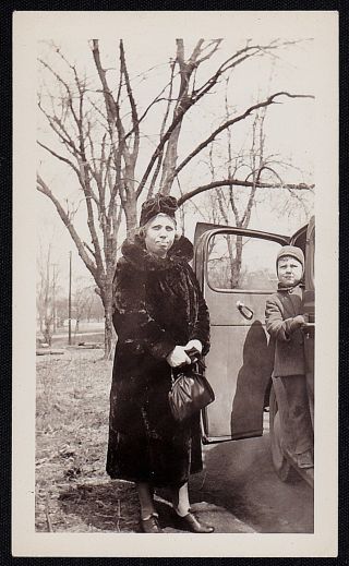 Vintage Antique Photograph Woman In Fur Coat Standing W/ Little Boy By Old Car