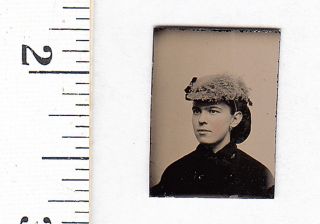 Civil War Era Miniature Gem Tintype.  Pretty Young Woman W/hat.  642h