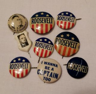 Vintage Franklin Roosevelt Campaign Pinback Buttons.  9 Pins Total