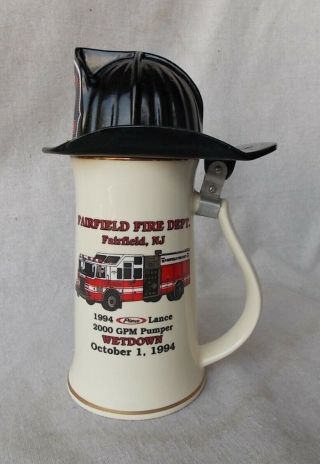 Vintage Fireman Stein Mug Black Hat Fairfield Nj Engine No.  3 Fire Dept