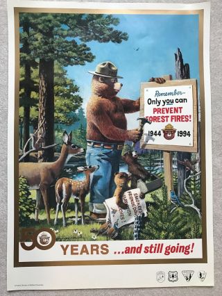 Vintage Smokey The Bear Usfs Forest Fire Prevention Poster Large