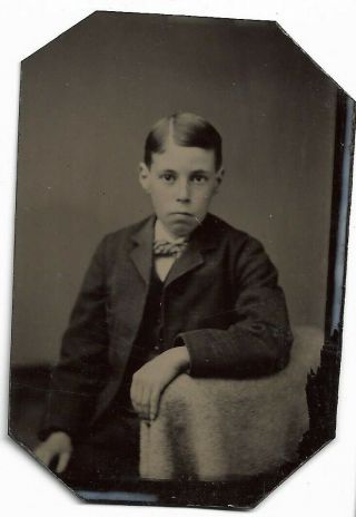Tintype Photograph Precious Young Teen Boy With Frown On Face Well Groomed Hair