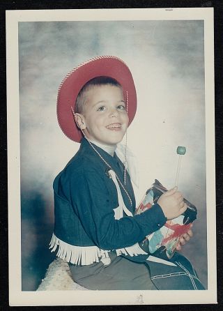Vintage Photograph Adorable Little Boy Wearing Cowboy Hat Playing Small Drum