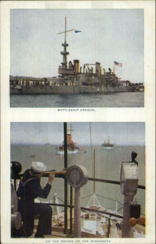 Us Navy Ship Split View Battleship Oregon & Bridge Of Minnesota Postcard
