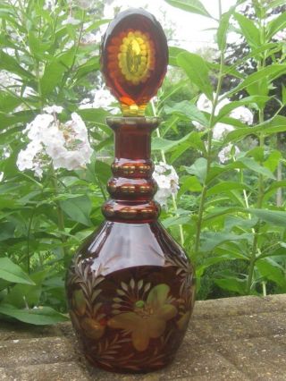 Bohemian Czech American Red To Amber Cut Glass Decanter Butterfly Pattern ?