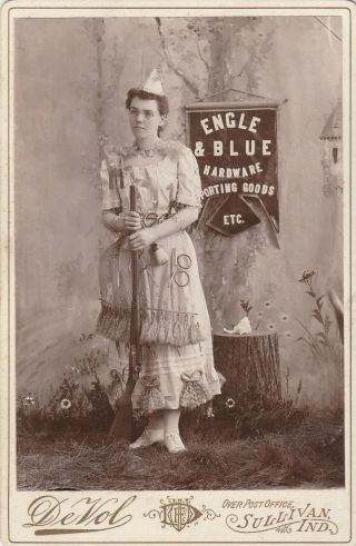 Cabinet Card Young Lady With Shotgun Engle And Blue Hardware Sullivan In Devol