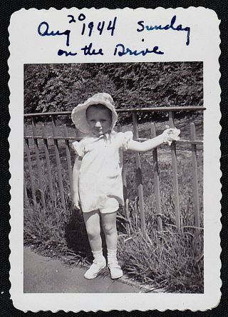 Vintage Antique Photograph Adorable Little Girl In Bonnet Standing By Fence